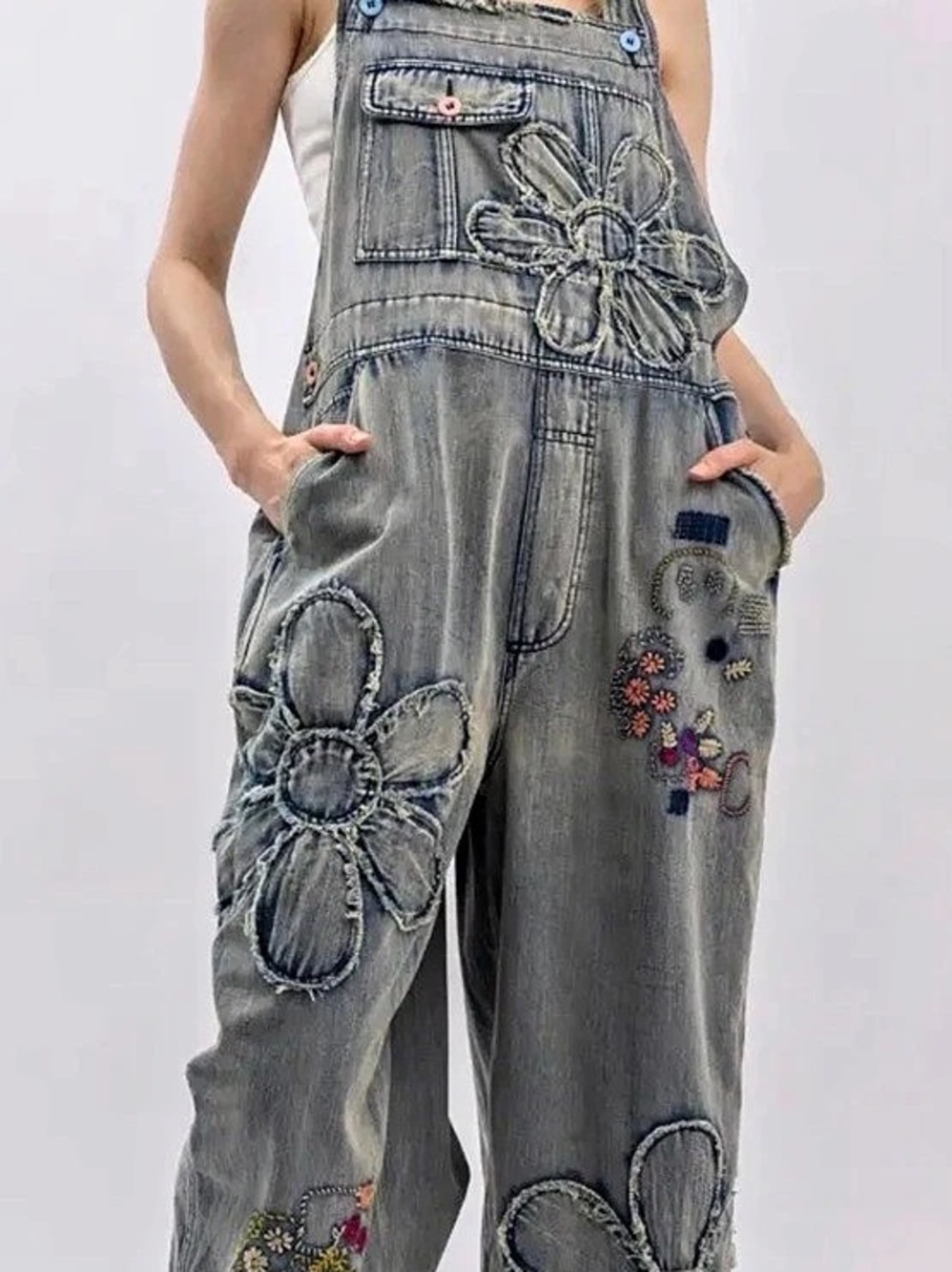 Bluevelvet Flower & Embroidery Vintage Washed Denim Overalls((1143B